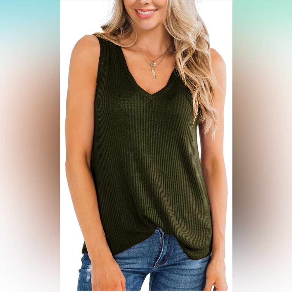 Women’s Army Green Waffle Knit V-Neck Tank Top